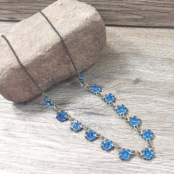 Flower Necklace Blue Stone Flowers Pendant Vintage Boho Jewelry Trinket Gift - Picture 1 of 8